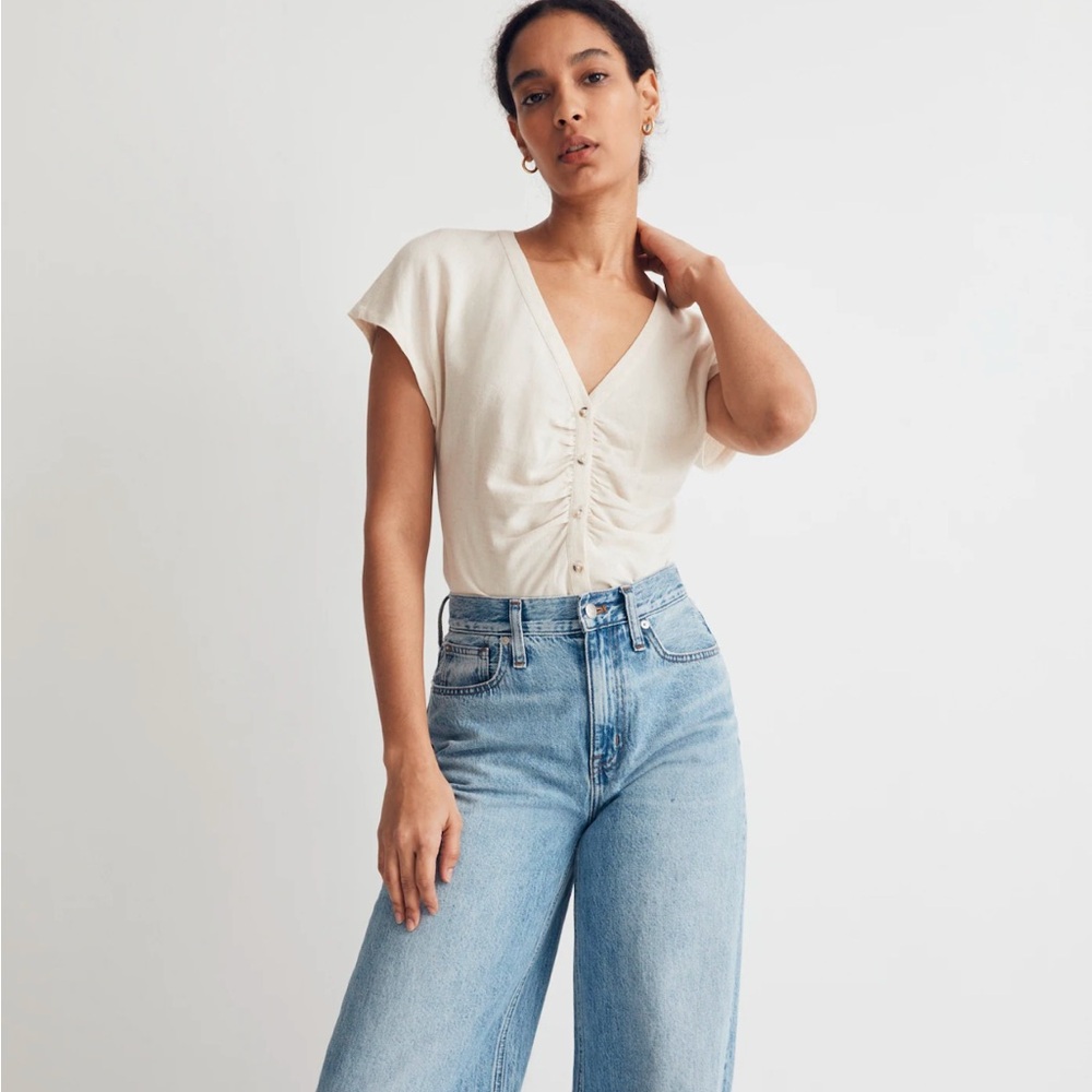 NWT Madewell Linen-Blend Ruched Button-Front Top